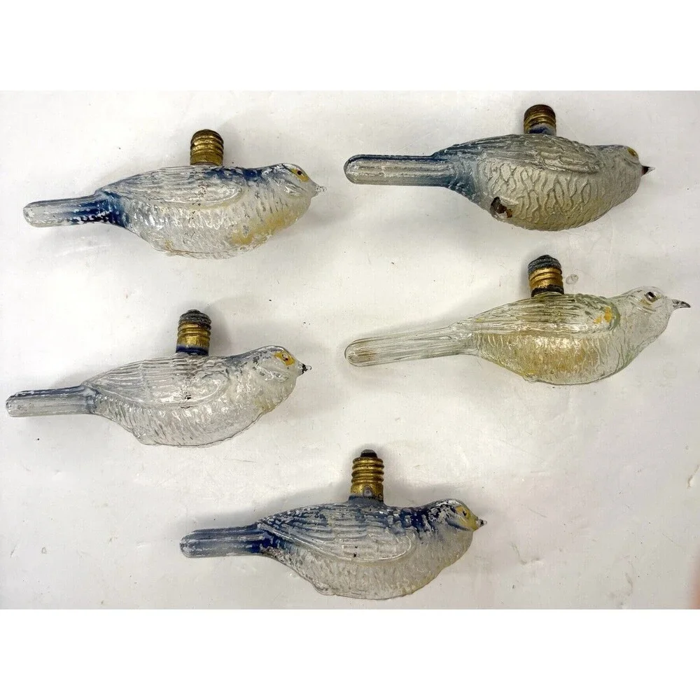Bird Light Bulb Ornament Clear Glass Painted Blue Old• 5 Pc • Christmas Vintage